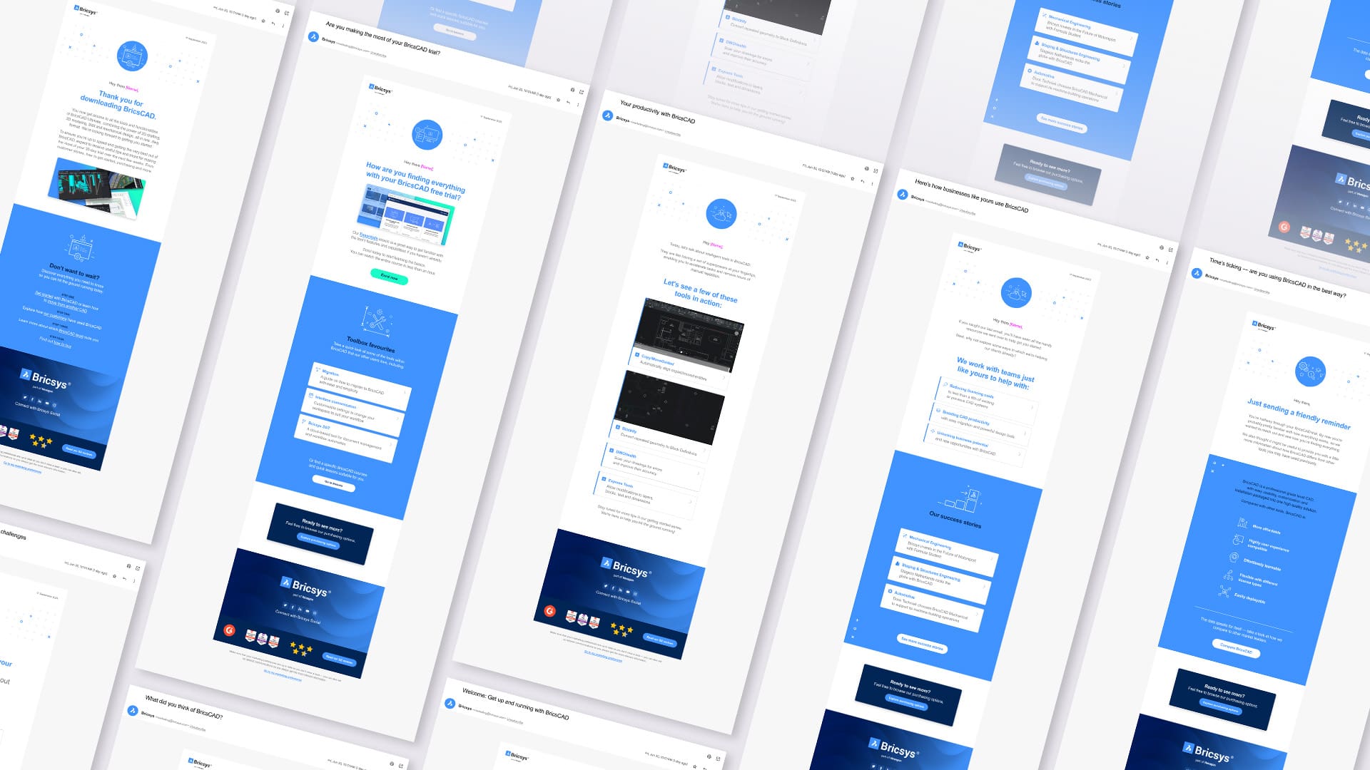 An image showing multiple emails from a large nurture journey
