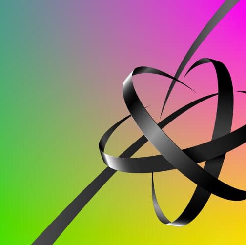 Abstract design featuring black ribbons forming a shape against a gradient background.