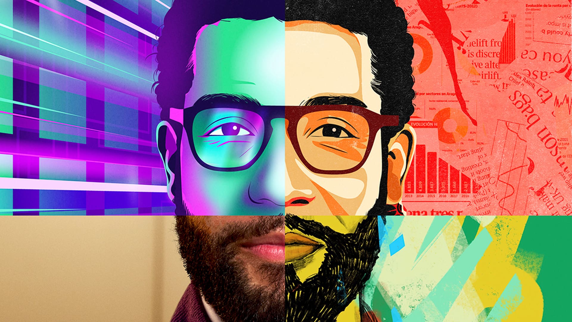 Colorful artistic portrait of person with glasses and beard, split into geometric sections with neon colors and text overlay