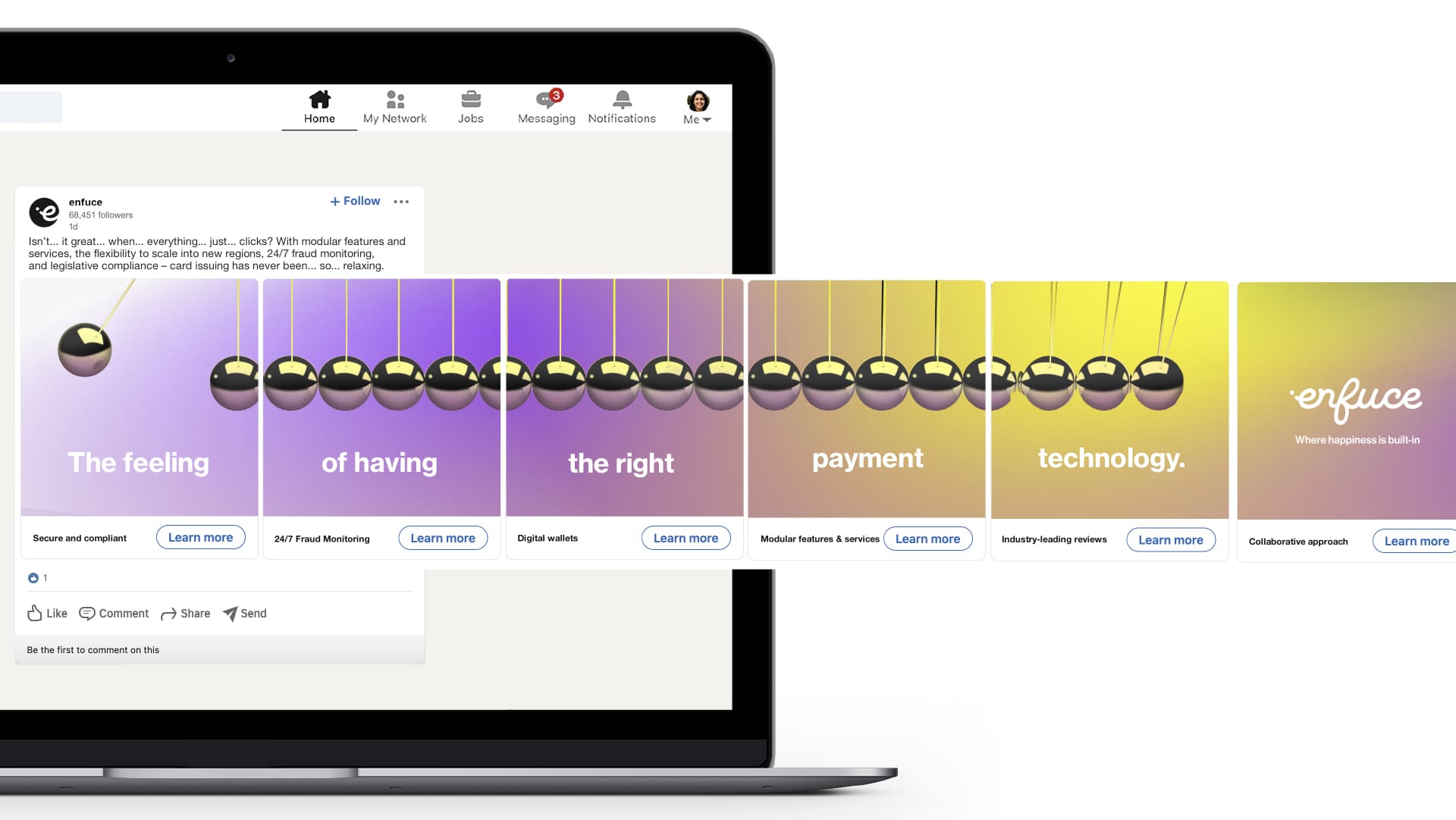 Examples of a social carousel ad for Enfuce