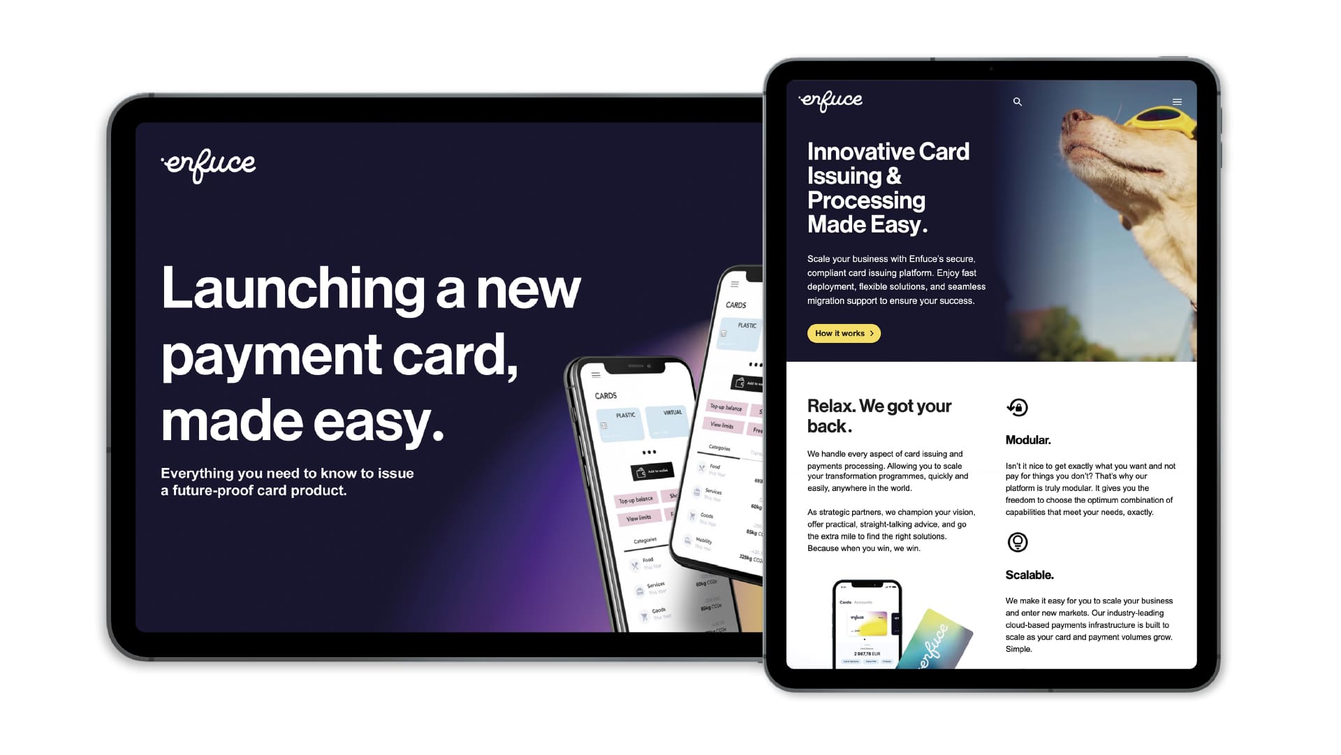 Two tablets showing examples of Enfuce web designs