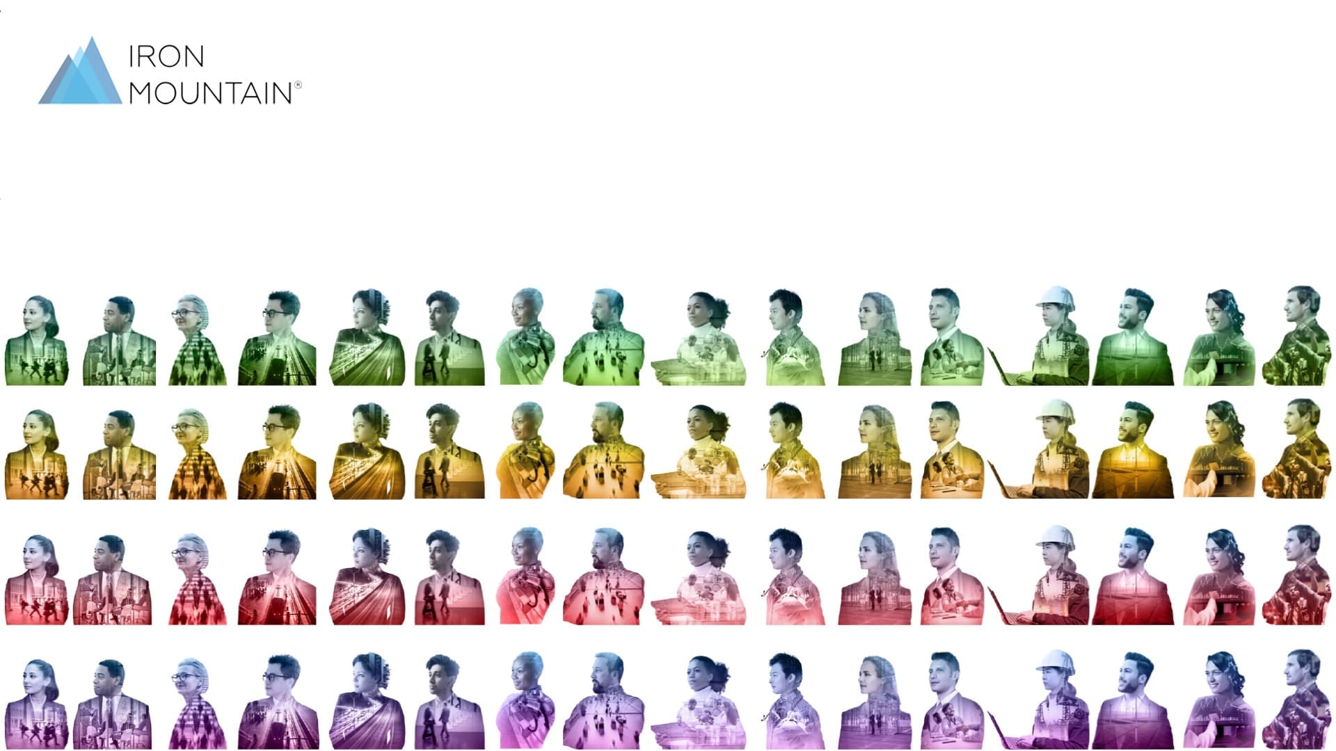 Iron Mountain campaign visuals showing 10s of cut outs of individuals in double exposure photos