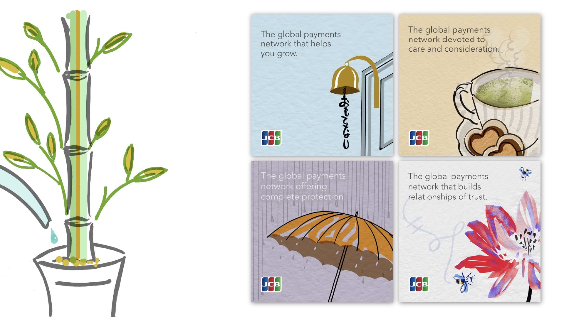 Examples of campaign visuals from the JCB 'Better with Omotenashi' creative concept