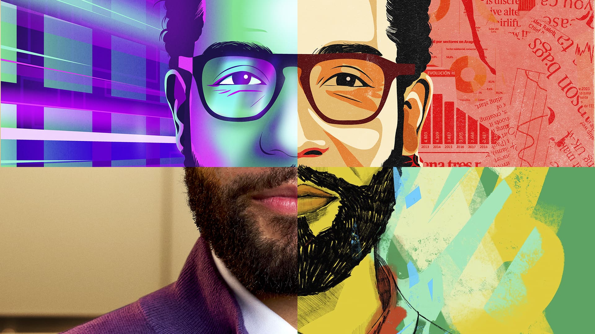 Split image featuring abstract art and a close-up of a bearded man with glasses.