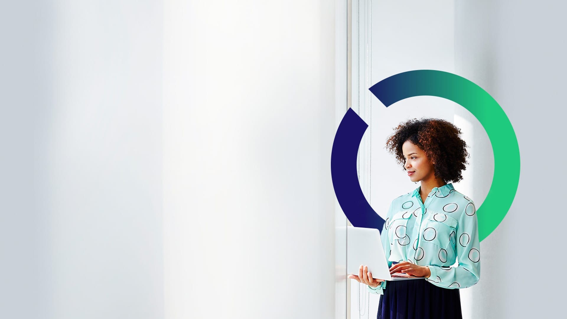 A woman in a patterned shirt stands by a window, holding a laptop. Circular graphic in background.