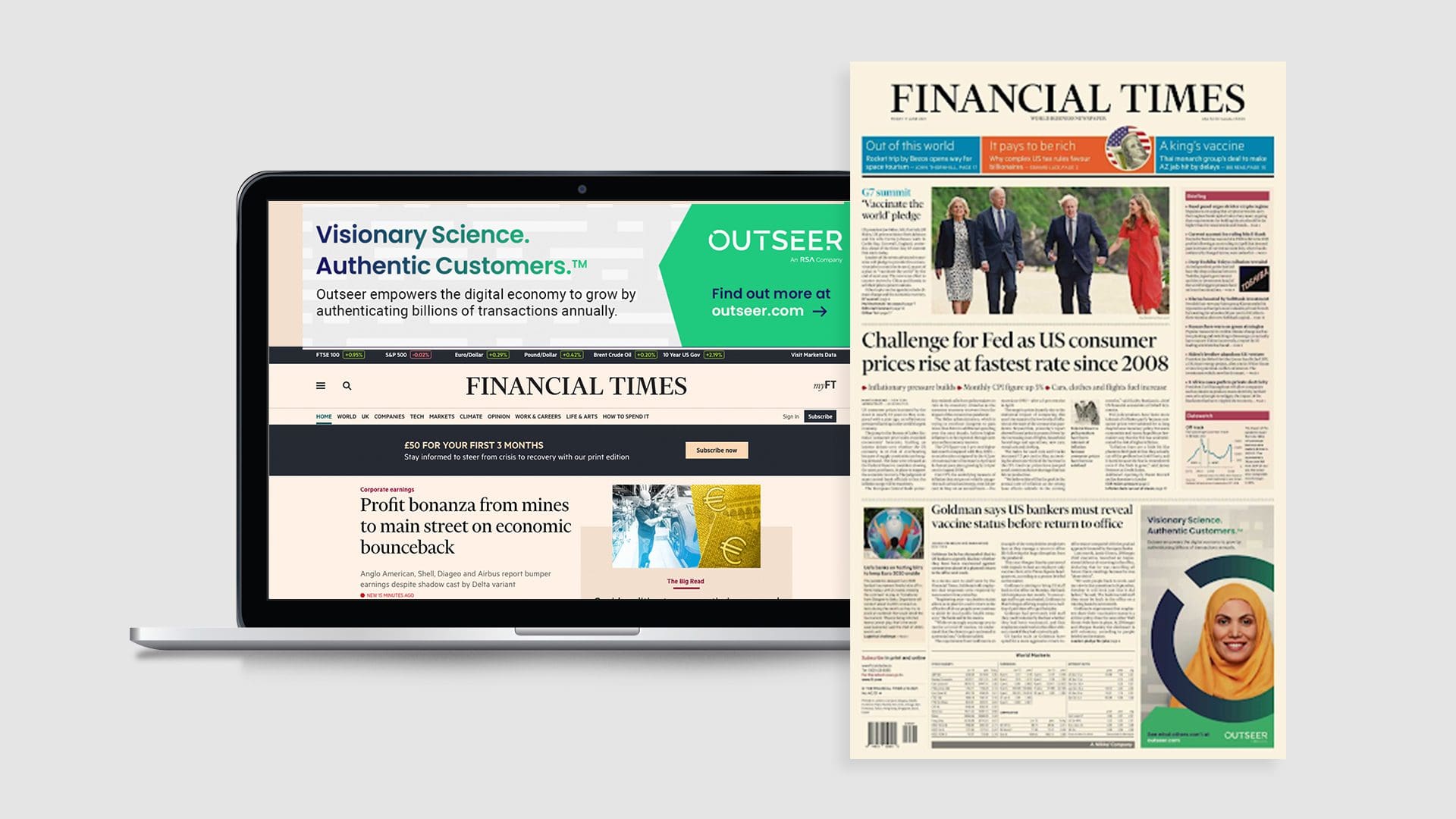 Image showing a laptop displaying the Financial Times website alongside a printed edition of the Financial Times. The website features a banner ad for Outseer, stating "Visionary Science. Authentic Customers." The printed paper highlights the headline "Challenge for Fed as US consumer