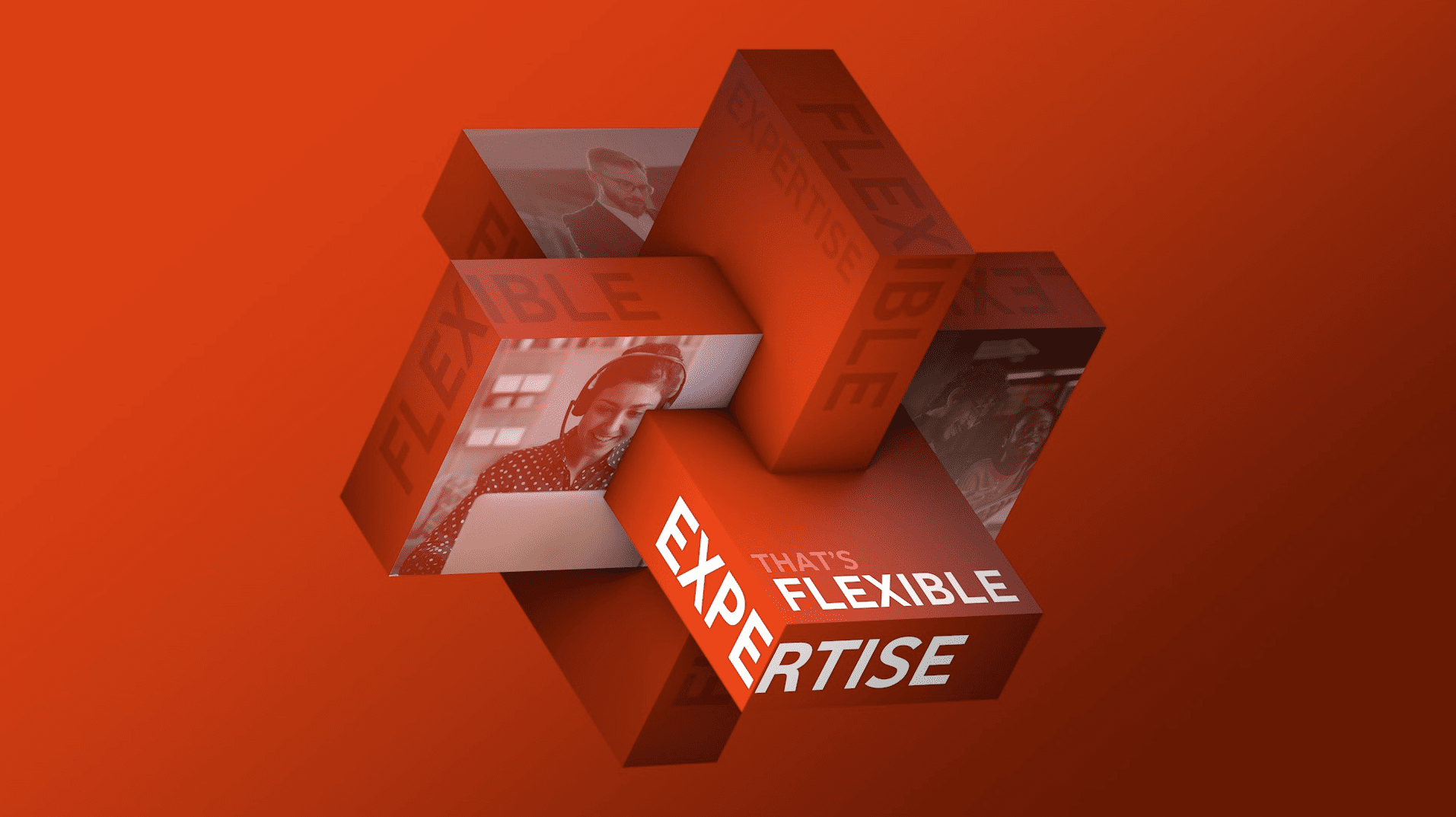 Orange geometric design with interlocking hexagonal shapes containing photos, text reads "THAT'S FLEXIBLE EXPERTISE