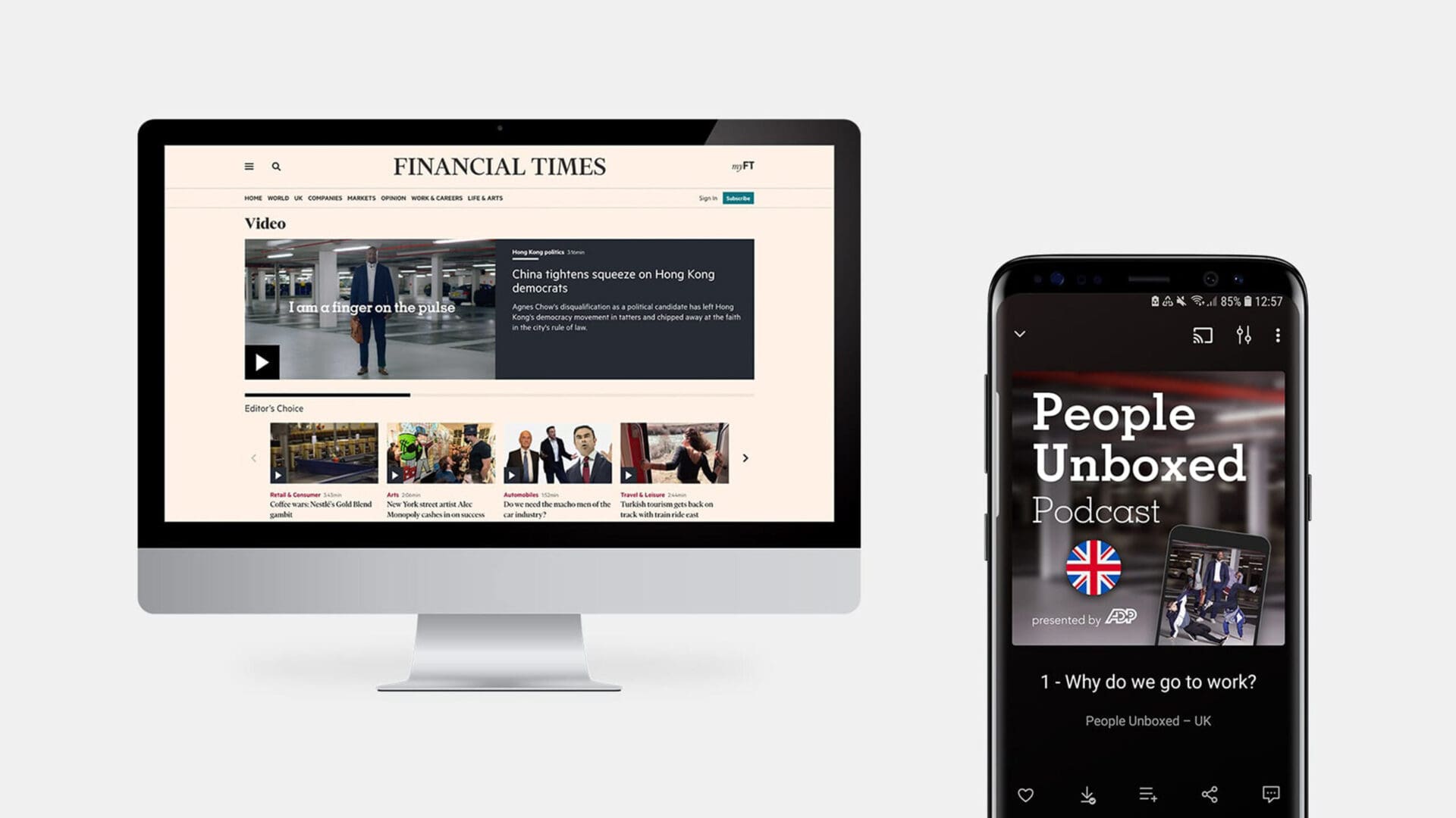 Computer displaying Financial Times website next to phone showing People Unboxed podcast app with UK flag