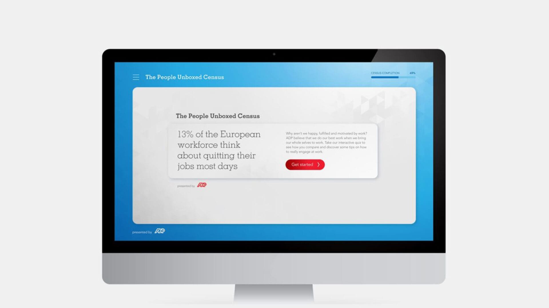 "Screen displaying 'The People Unboxed Census': 13% of European workforce consider quitting jobs."