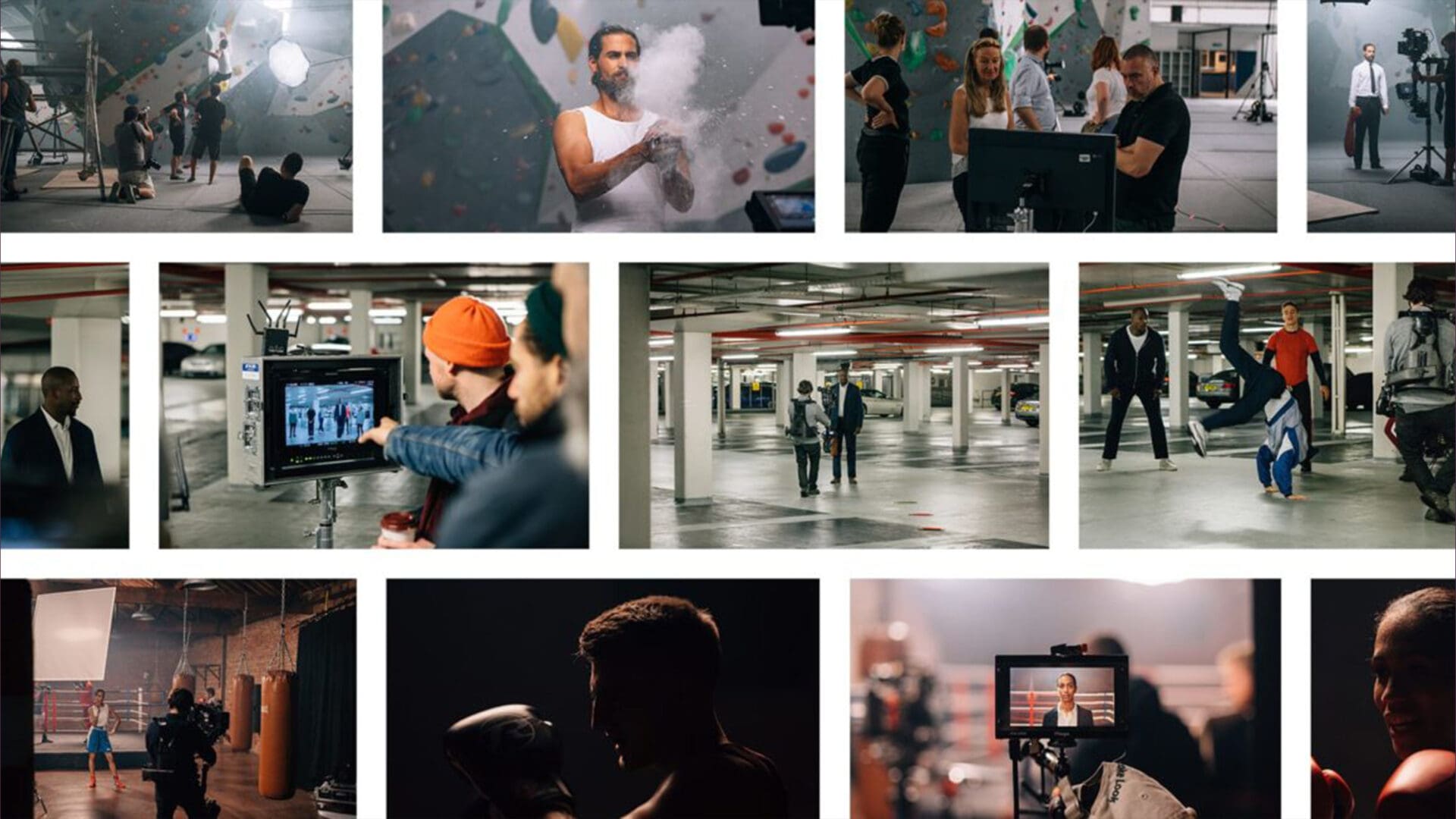 A collage of images from a film set featuring various scenes: a man in a tank top surrounded by smoke, a group interacting with a monitor showing footage, individuals in a parking garage, a person performing a handstand, and a boxer with gloves.