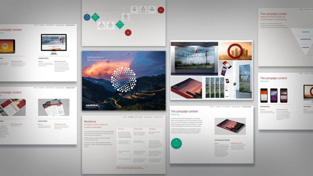 Collage of marketing materials featuring "Accidents Happen" and "Your campaign playbook."