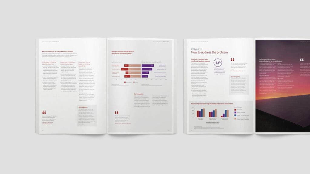 Open report pages on energy resilience strategy, featuring text, graphs, and charts.