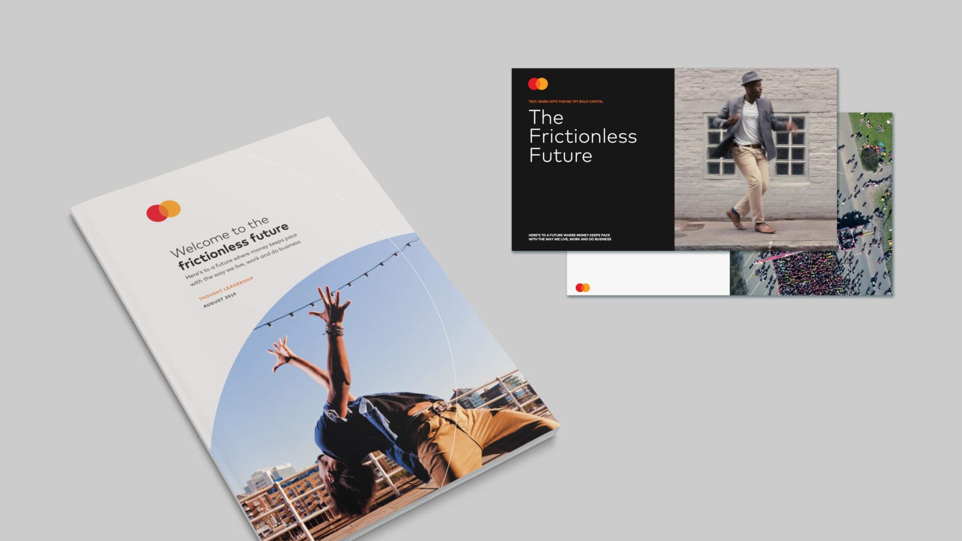 A sleek brochure with a white cover featuring the text "Welcome to the frictionless future" and an image of a person dancing. Accompanying materials include a black booklet titled "The Frictionless Future" and a brief description: "Here's to