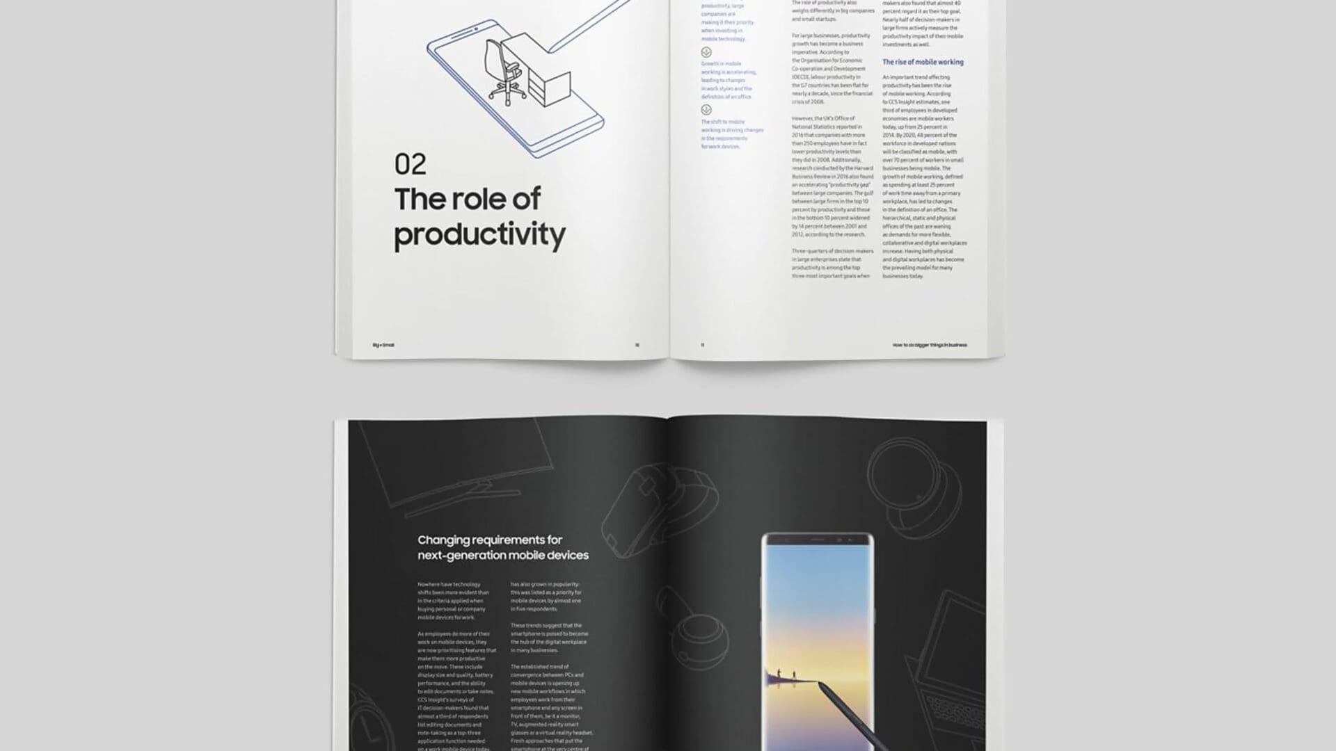 Open magazine pages displaying two sections. The top page features the title "02 The role of productivity" with an illustration of a desk setup. The bottom page includes the heading "Changing requirements for next-generation mobile devices" alongside an image of a smartphone,