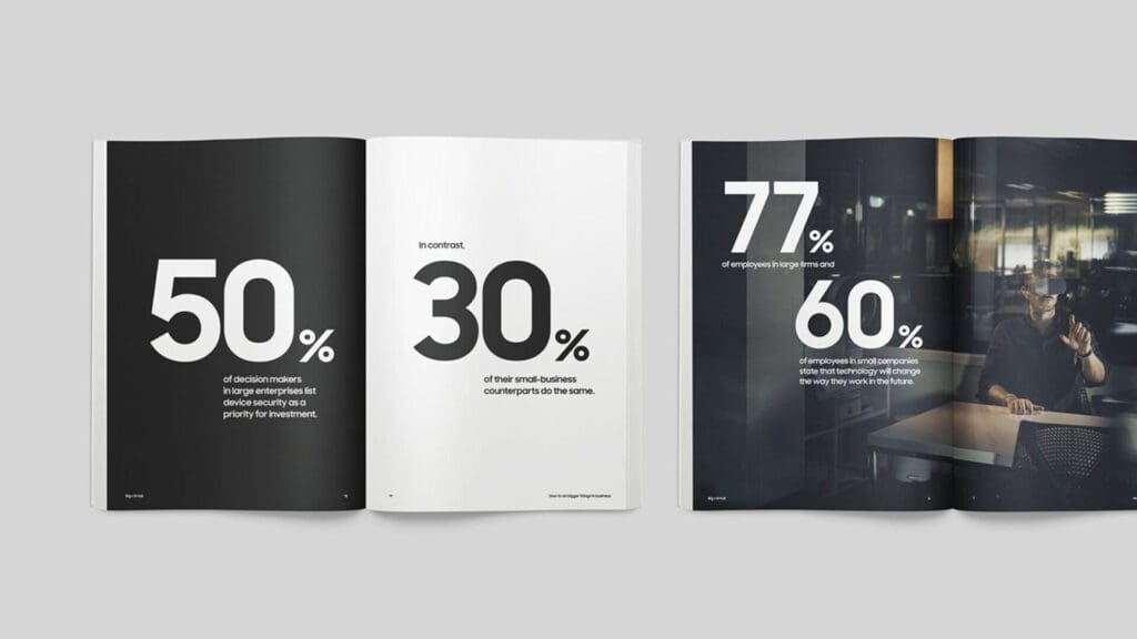 A magazine spread displaying statistics: on the left page, "50%" and "of decision makers in large enterprises list device security as a priority for investment" on a black background; on the right page, "In contrast, 30%" and "