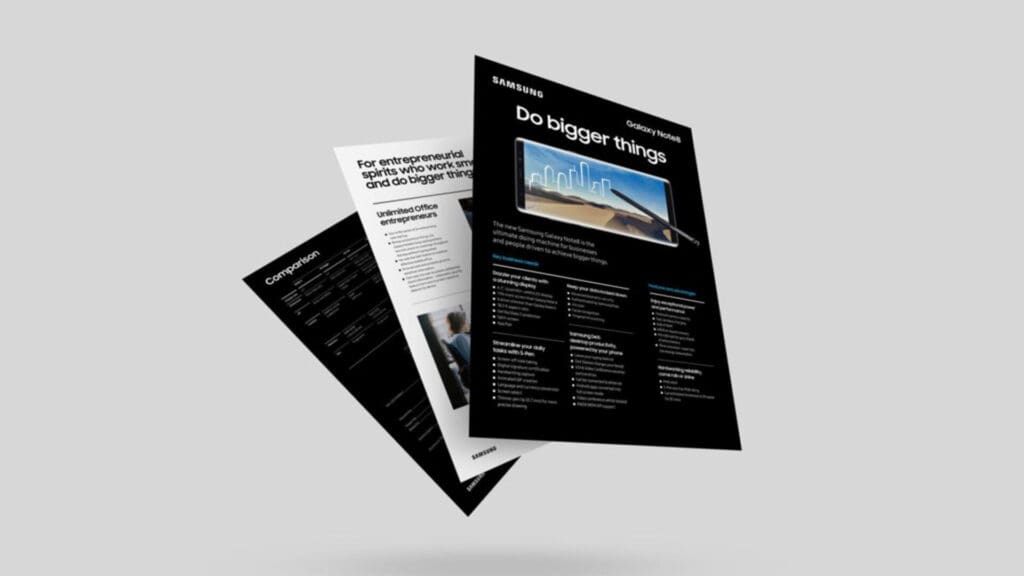 Three floating pages feature Samsung advertisements; "Do bigger things" is prominently displayed.