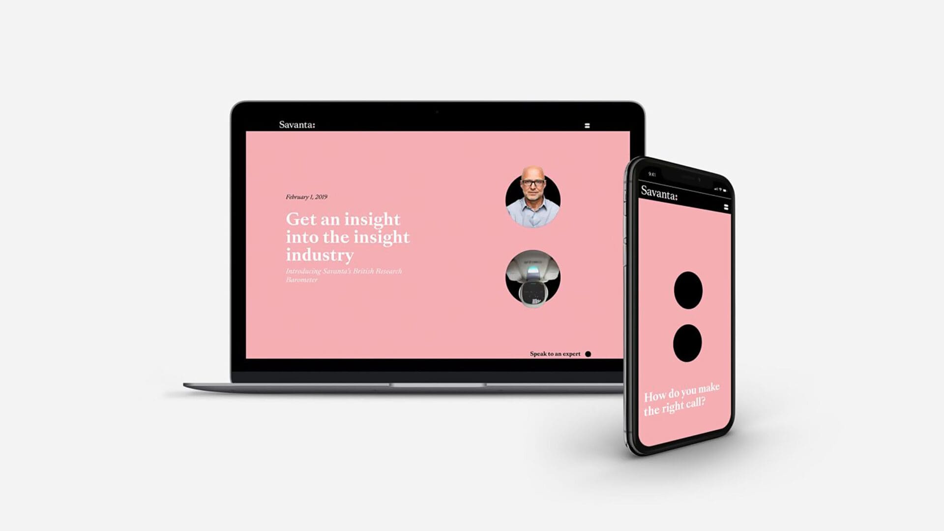 A laptop and smartphone display a website with a pink background. The laptop screen features the text "February 1, 2019," "Get an insight into the insight industry," and "Introducing Savanta's British Research Barometer," along with a