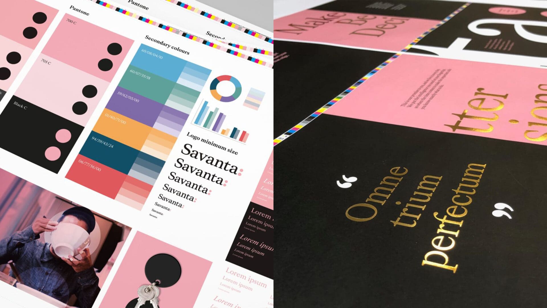 A split image showcasing design materials. The left side features color palettes, including Pantone colors, and text with "Savanta" repeatedly listed alongside various logo guidelines. The right side displays a black background with pink sections, featuring the phrase "Omne