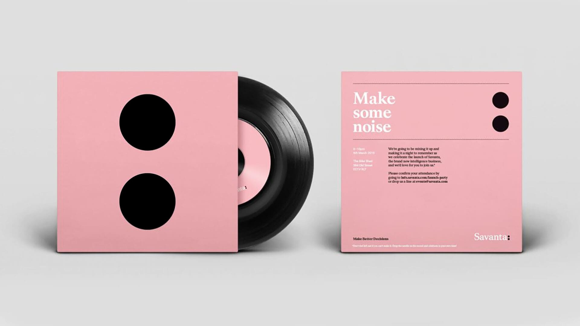 Pink vinyl record sleeve with black circles. Text: "Make some noise" and event details.