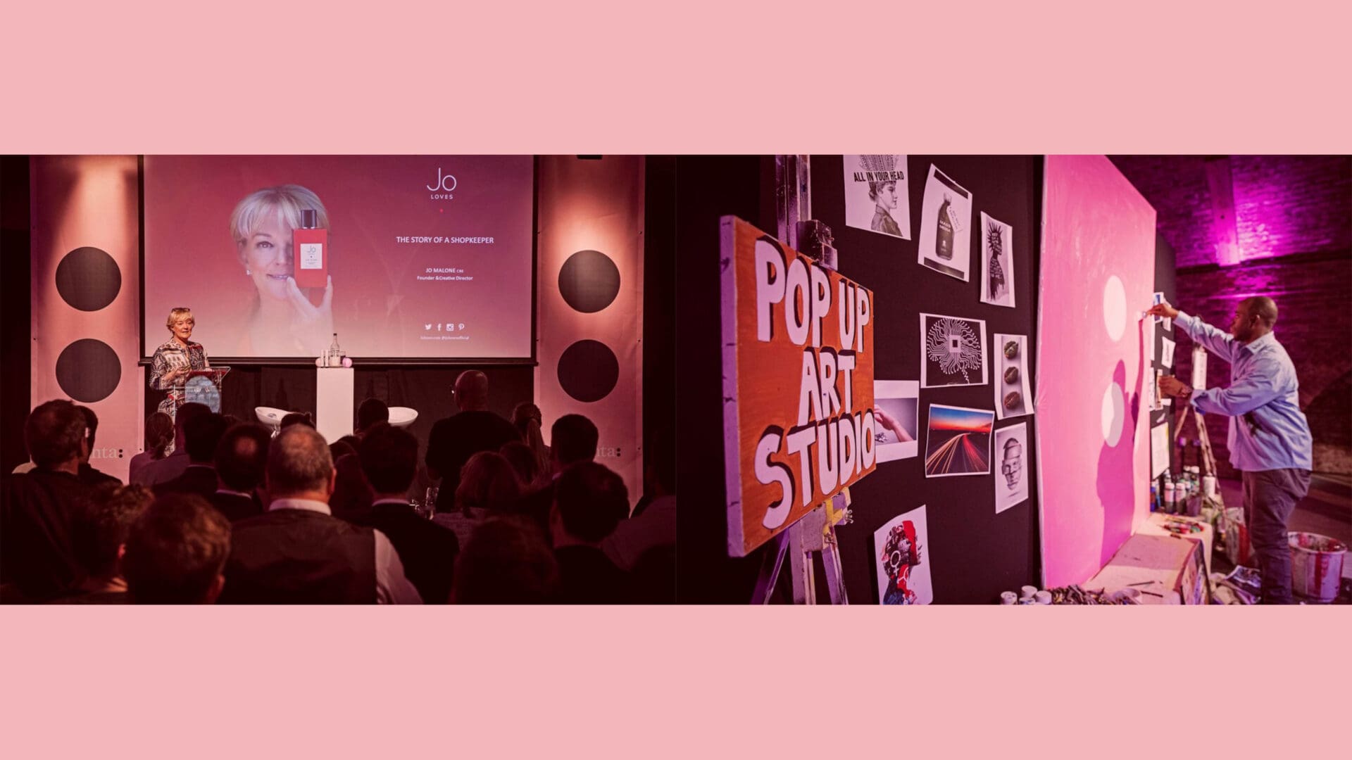 Jo Malone presents "The Story of a Shopkeeper" at an art event with a man painting. POP UP ART STUDIO.