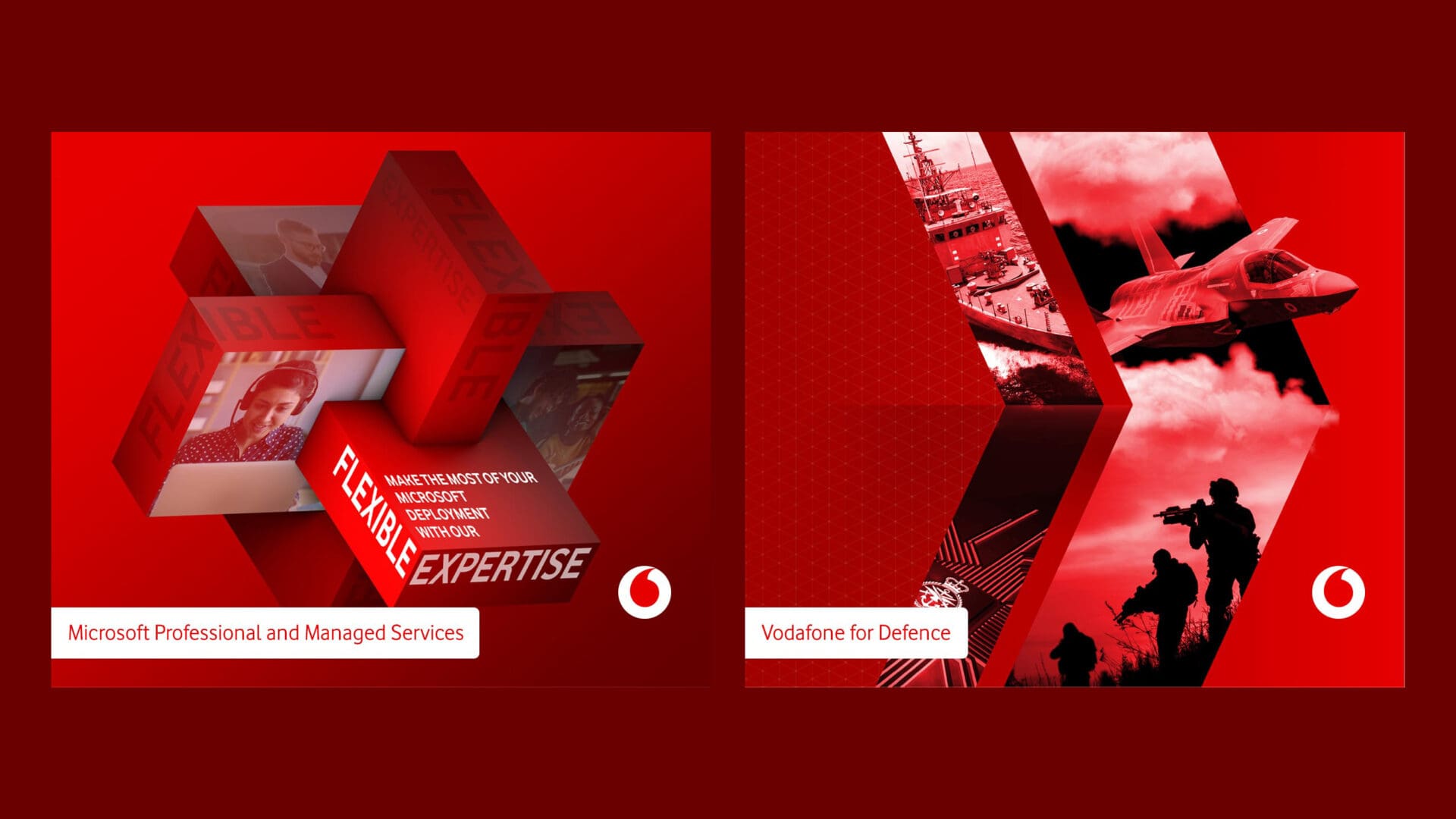 Visuals from Vodafone managed services, and Vodafone for Defence campaigns