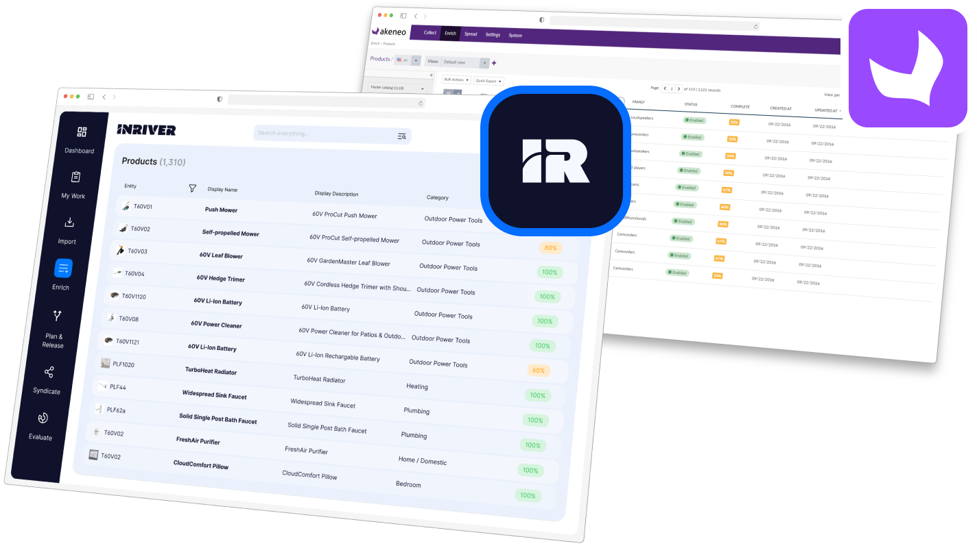 Screenshots of the Inriver interface compared to a competitor