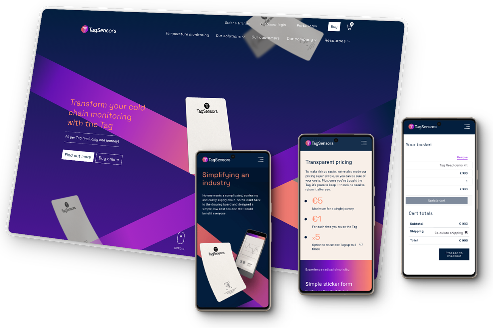 Screenshots of the Tag Sensors website on desktop and mobile