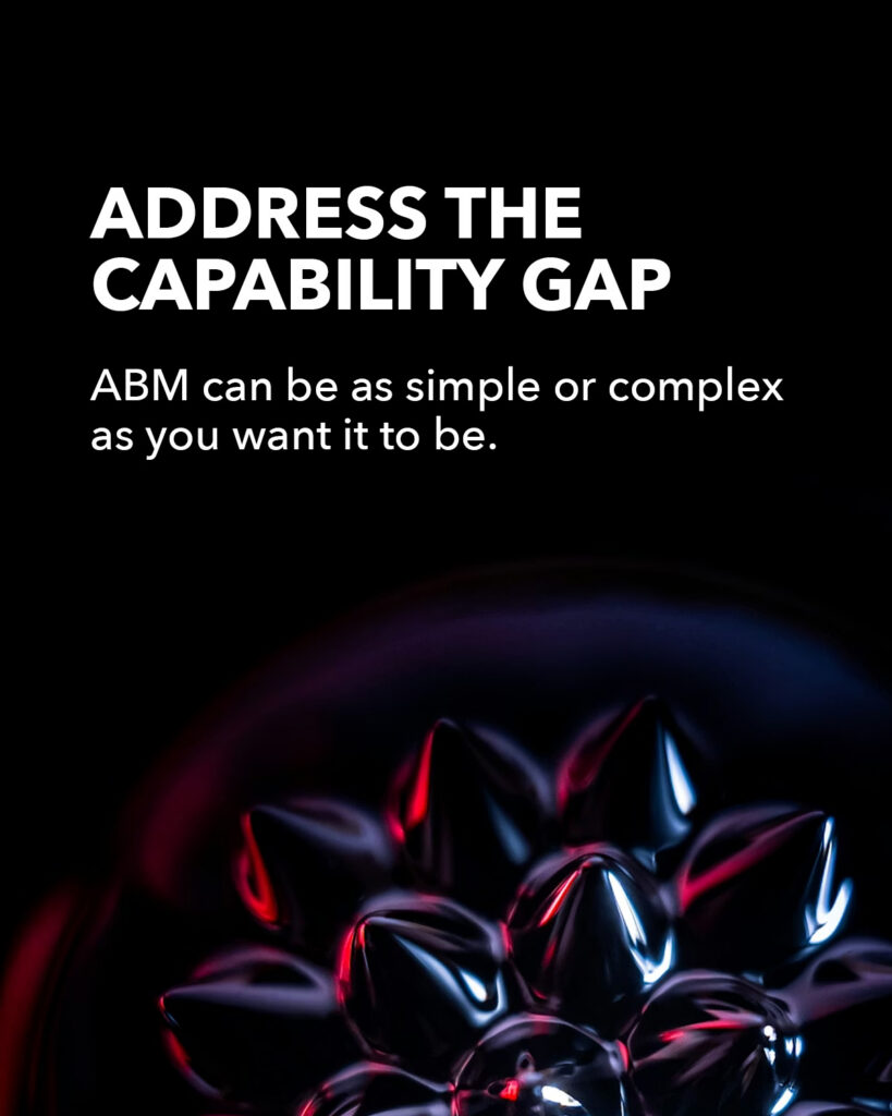 Black background with white text "ADDRESS THE CAPABILITY GAP" and "ABM can be as simple or complex as you want it to be" above abstract metallic shapes with red and blue lighting